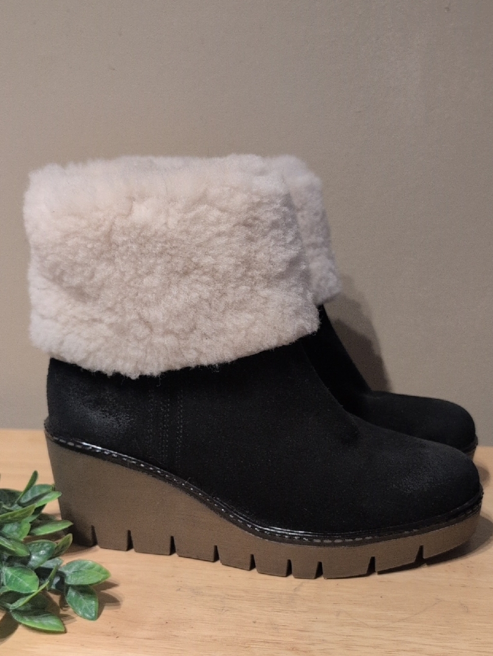 Black Wedge Ankle Boots with Cream Fur Cuff